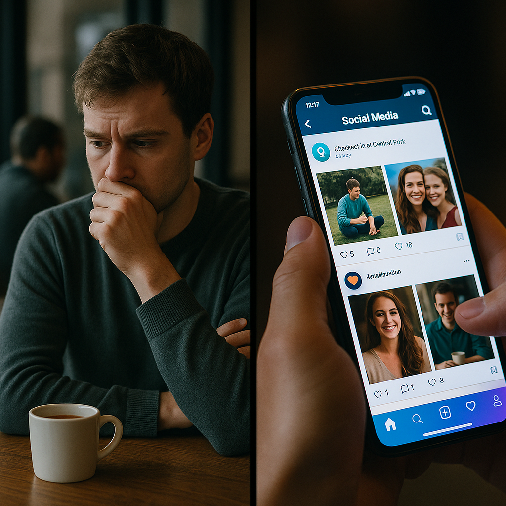 A person acting private in a coffee shop, but freely sharing their lives on social media.
